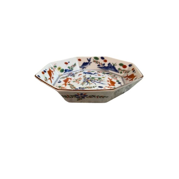 Vintage Octagonal Koi Fish Floral Porcelain Dish Hand Painted Blue Orange Japan - Picture 4 of 8